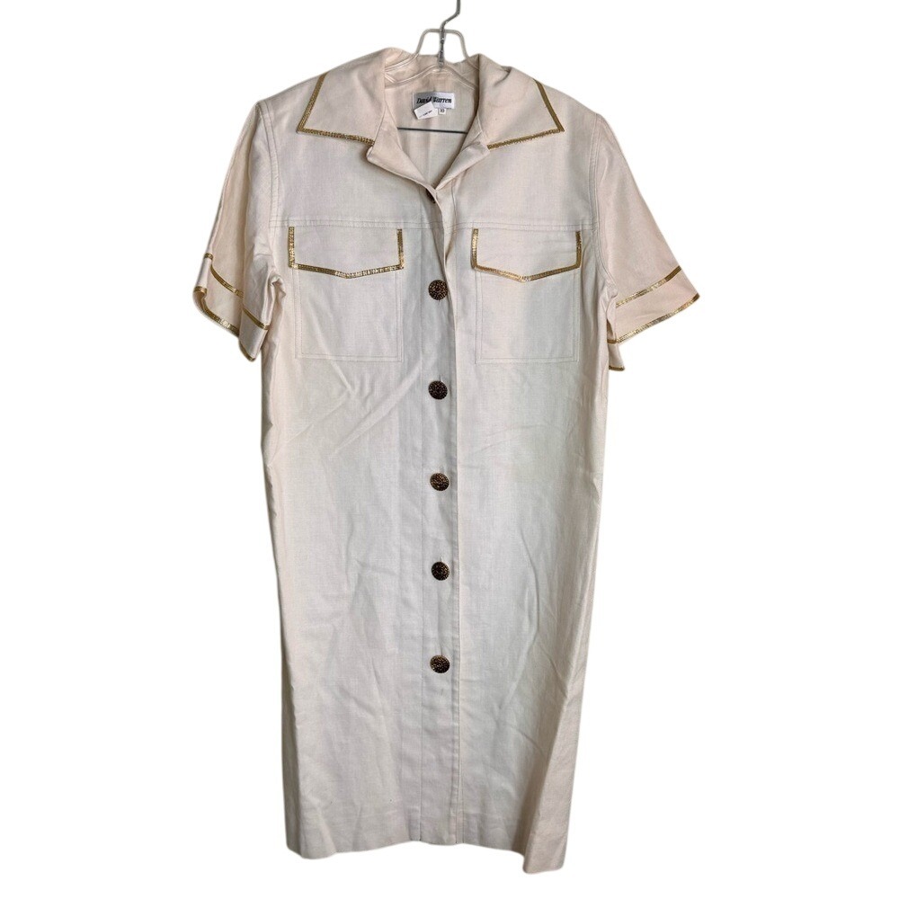 David Warren 80s Women's Dress Linen Blend Lined White with Gold Trim Buttons 10